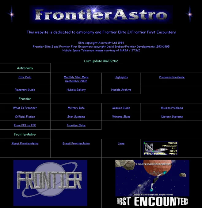 The index page of FrontierAstro in September 2002. The links herein do not function.