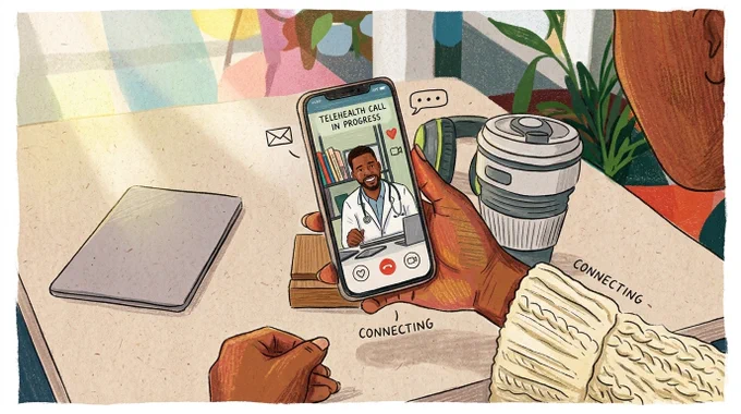 Illustration shows a telehealth call in progress on a smartphone, displaying a male doctor. A hand holds the phone with \"CONNECTING\" text overlay. A laptop, coffee cup, and headphones sit on the table.