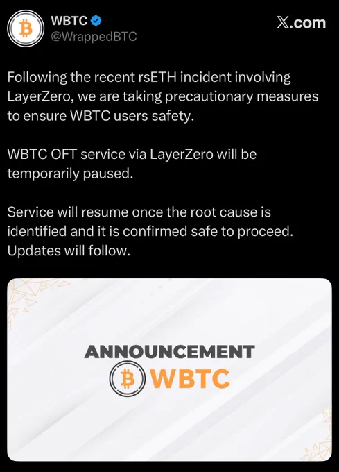 Screenshot of WBTC announcement advising of potential LayerZero vulnerability in WBTC L2 deployments