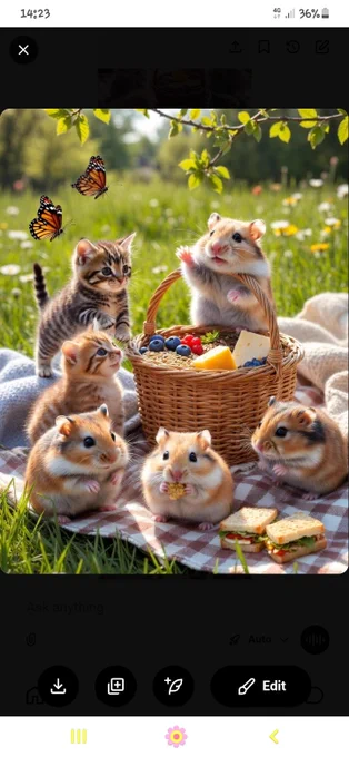 Images of hamsters and kitties with a picnic basket on a picnic blanket in a green meadow with some monarch butterflies.