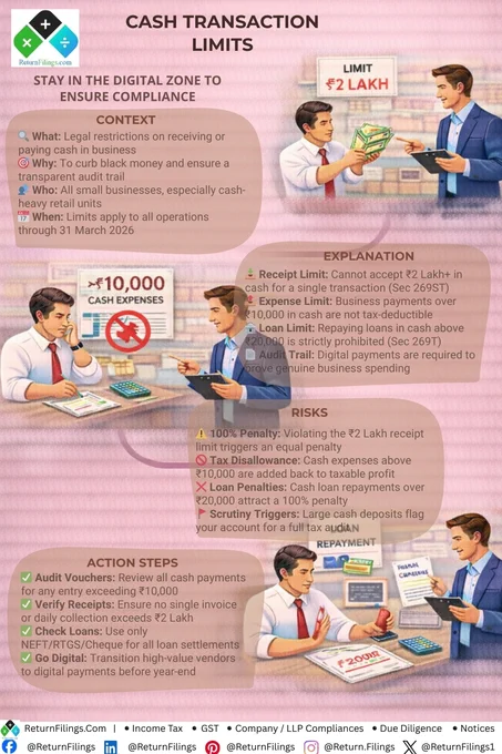 Image provided by ReturnFilings.Com it contains Stay in the digital zone or pay the price! 💳🚫 Ignoring cash transaction limits is a fast track to 100% penalties. Under Section 269ST, accepting ₹2 Lakh or more in cash for a single transaction triggers a penalty equal to the amount received!

Plus, any business expense over ₹10,000 paid in cash is non-deductible, inflating your tax bill. 📈🛡️ Keep your audit trail transparent and your capital safe by going digital.

✅ Your Cash Compliance Checklist:
1️⃣ Expense Cap: Ensure no business payment exceeds ₹10,000 in cash.
2️⃣ Receipt Limit: Never accept ₹2 Lakh  in cash for one invoice.
3️⃣ Loan Rule: Repay all loans via NEFT/Cheque if over ₹20,000 to avoid heavy fines!

#ReturnFiling #Returnfilings #CashLimits #TaxCompliance2026 #DigitalIndia #MSMEIndia #IncomeTaxIndia #BusinessFinance #AuditReady #FinancialIntegrity