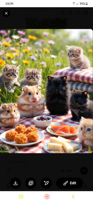 Images of a picnic with berries, cheese, smoked salmon, happy kitties and hamsters in a flowery meadow, prepared for chilly breezes with a stack of extra blankets.