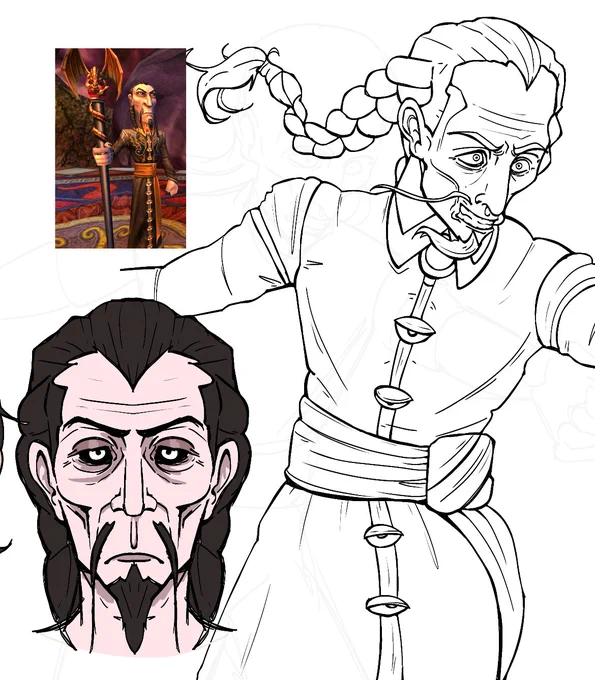 an assortment of malistaire fanart. the bottom left has a headshot drawing of malistaire’s face scowling. the top left of the canvas has a reference photo of his in-game model. on the right there is a half-finished sketch of malistaire lunging towards something.