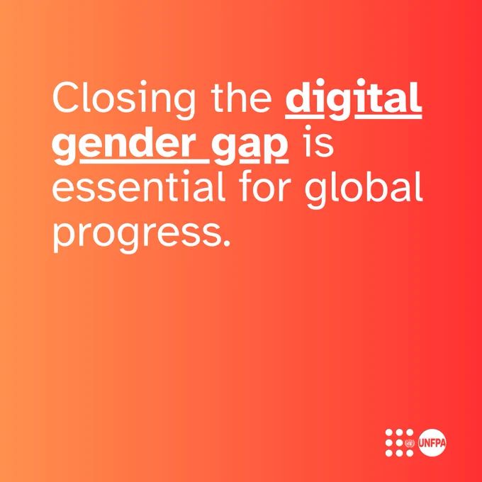 A card with gradient background from orange to red. The text reads: "Closing the digital gap is essential for global progress." The UNFPA logo is in the bottom right corner.