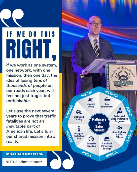 NHTSA Administrator speaking at a podium., quote that emphasizes the goal of reducing traffic fatalities, and graphic for Pathways to Safer Streets