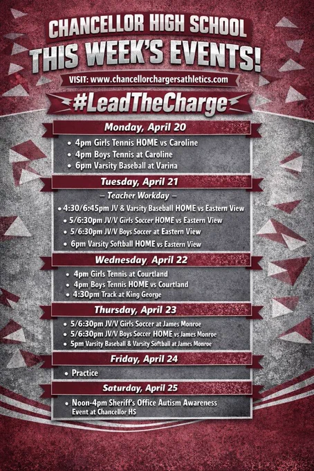 Athletic calendar for the week of April 20 to April 25