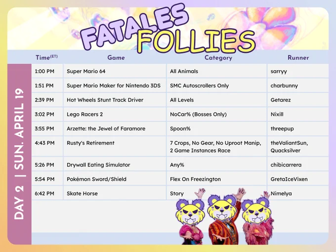 Fatales Follies day 2 schedule listing out the runners and run info

Schedule text reads:
Time(ET) game Category Runner
1:00 PM	Super Mario 64	All Animals	sarryy
1:51 PM	Super Mario Maker for Nintendo 3DS	SMC Autoscrollers Only	charbunny
2:39 PM	Hot Wheels Stunt Track Driver	All Levels	Getarez
3:02 PM	Lego Racers 2	NoCar% (Bosses Only)	Nixill
3:55 PM	Arzette: the Jewel of Faramore	Spoon%	threepup
4:43 PM	Rusty's Retirement	7 Crops No Gear No Uproot Manip 2 Game Instances Race	theValiantSun, Quacksilver
5:26 PM	Drywall Eating Simulator	Any%	chibicarrera
5:54 PM	Pokemon Sword/Shield	Flex On Freezington	GretaIceVixen
6:42 PM	Skate Horse	Story	Nimelya
