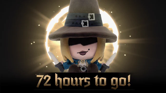 A plushie version of the Grave Robber hero from Darkest Dungeon stands in front of a glowing gold halo. She has an enormous hat, and a smirk on her face. The image reads '72 hours to go!'