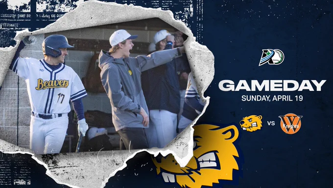 Gameday graphic: BVU at Wartburg Knights, Sunday April 19. Baseball action photos with team logos.