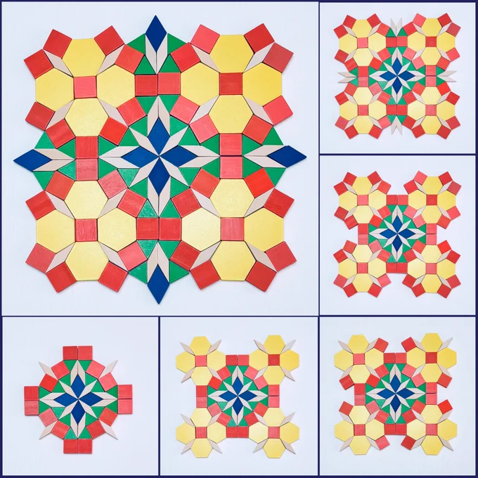 The top left main image shows a square-like geometric design created with pattern blocks. At the center is an arrangement made of four blue and four tan rhombuses surrounded by eight green triangles and eight tan rhombuses. Around this center are four flower-like arrangements. Each “flower” is made by placing four yellow hexagons and four tan rhombuses around a central orange square. The images along the bottom and on the right show the progression of the design.