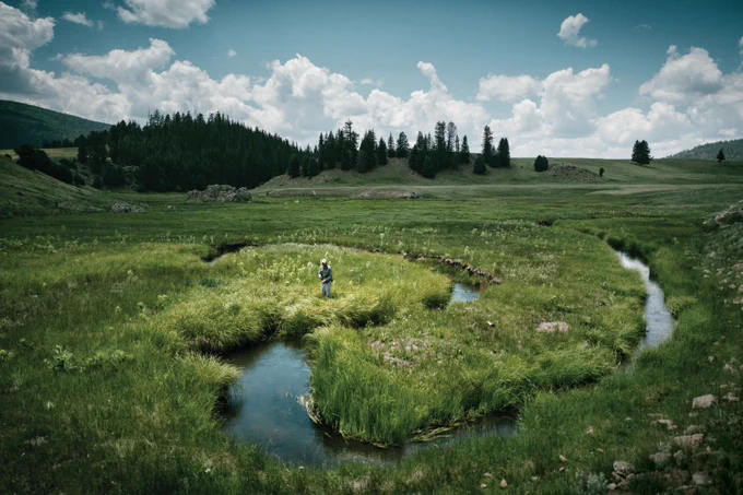 A person fishes amid lush, green fields in a winding stream cutting through. Forested hills are visible in the background under a blue, cloud-filled sky.