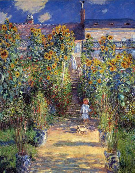 A vibrant garden path filled with tall sunflowers leads to a house, while a child plays with a toy and figures in white stroll nearby.