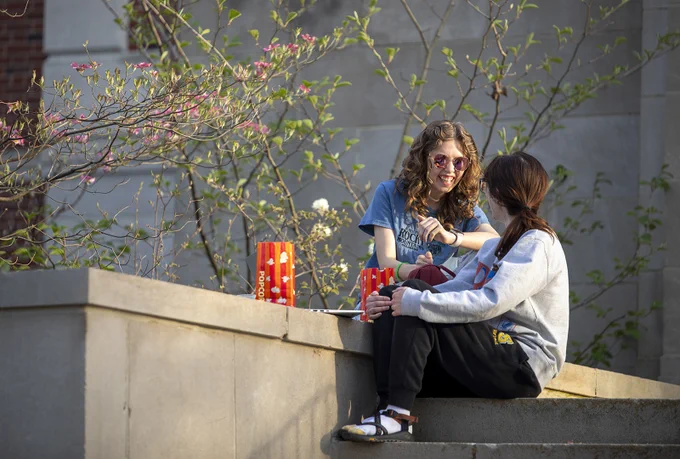 2 students talking and laughing on the steps outside of a building with pink flowers on a tree in the background