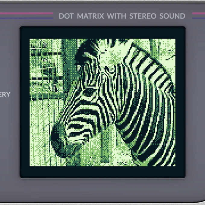 Der Kopf eines Zebras, mit der Game Boy Kamera fotografiert, daher ziemlich pixelig.
