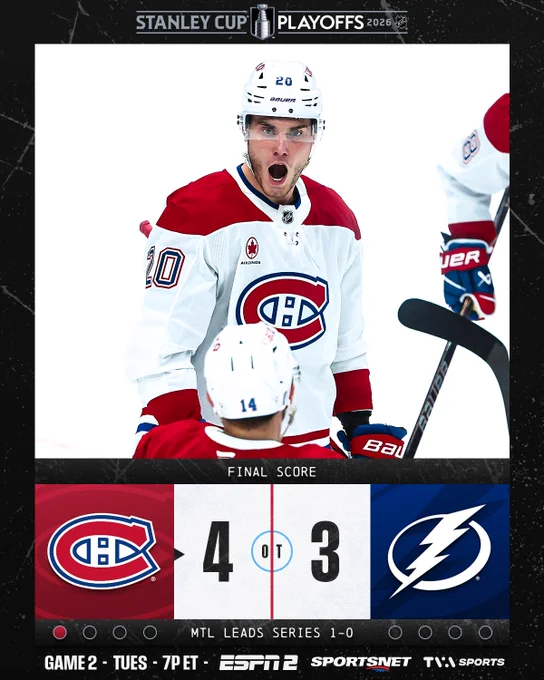 Final score: Canadiens defeat Lightning 4-3 in overtime