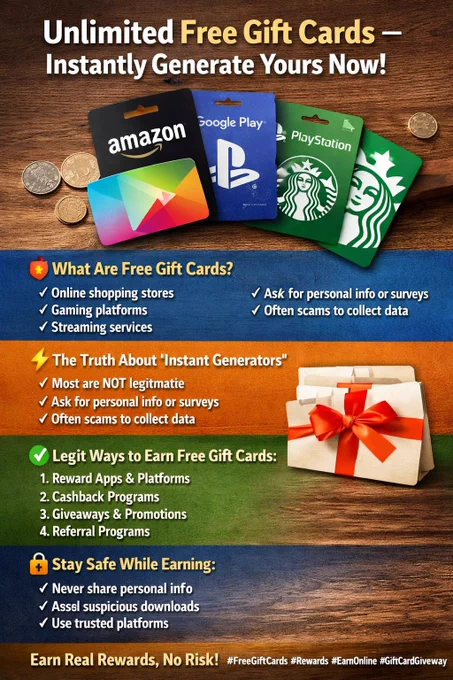 🎁 Unlimited Free Gift Cards – Instantly Generate Yours Now!

Looking for an easy way to earn free gift cards online? Discover how people are getting rewards from top brands like Amazon, Google Play, and Starbucks without spending a dime.

While “instant generators” may sound tempting, the real secret is using legit reward apps, cashback programs, and simple online tasks that actually pay. No hacks—just smart earning strategies that work.

Start turning your daily online activity into real rewards. Stay safe, avoid scams, and claim what’s yours the right way. 💳✨