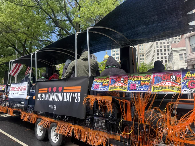 Photo of the Long Live GoGo truck with a banner that reads “DC Emancipation Day ‘26” and some colorful posters