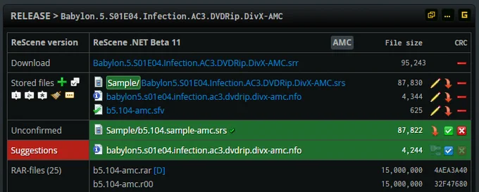 Shows SRR on srrdb with Babylon5.S01E04.Infection.AC3.DVDRip.DivX-AMC.srs file name for the stored sample in the SRR instead of the modern Sample/b5.104.sample-amc.srs name and path.