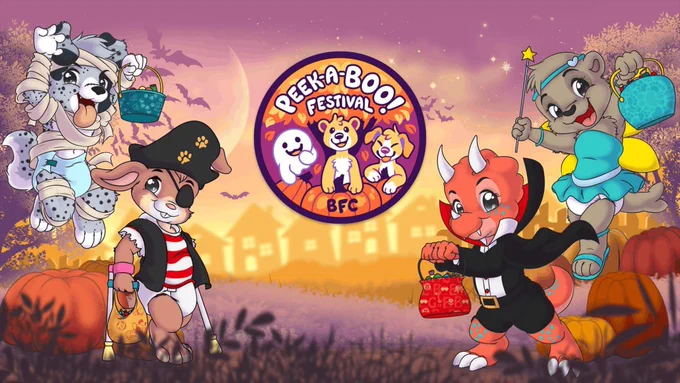 A colorful Halloween-themed Babyfur Con event graphic for “Peek-A-Boo! Festival BFC.” In the center is a round event logo with a ghost and two playful animal characters over pumpkins. Around it are four costumed cartoon characters holding trick-or-treat buckets: Merle, a mummy-style spotted pup, Blake, a pirate bunny with a peg leg, Trixie, a vampire dinosaur, and Sandy, a fairy-like Sea Lion. The background shows pumpkins, bats, trees, and a glowing neighborhood at sunset in purple and orange tones.