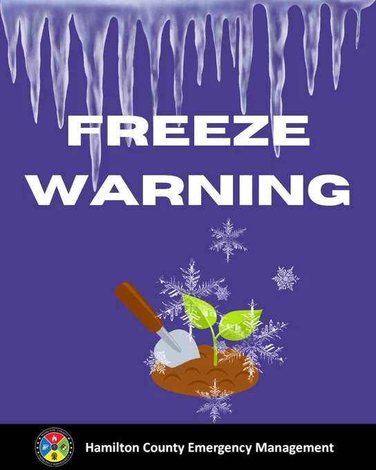 Dark purple background with a plant sprinkled with frost. Infographic states Freeze Warning.