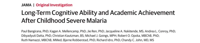 Image of paper title published in JAMA entitled "Long-Term Cognitive Ability and Academic Achievement After Childhood Severe Malaria"