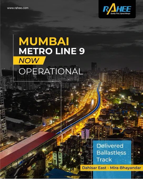 A dark, cinematic night view of Mumbai celebrating the opening of Metro Line 9. The RAHEE logo is in the top right. Central text announces Line 9 is now operational, specifically focusing on the ballastless track between Dahisar East and Mira-Bhayandar. A long exposure shot shows the metro route highlighted in electric blue against the city lights.
