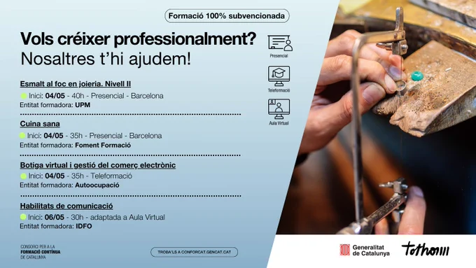 Llistat de cursos que comencen entre el 4 i el 6 de maig  amb una il·lustració d'una persona esmaltant una joia.