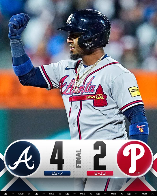 Final Score Graphic: 4/19/26
Atlanta Braves 4 (15-7), 2 Philadelphia Phillies (8-13)

Pictured: Ozzie Albies celebrates an RBI double with an outstretched clinched fist. He wears a road gray Atlanta Braves uniform and a dark blue batting helmet