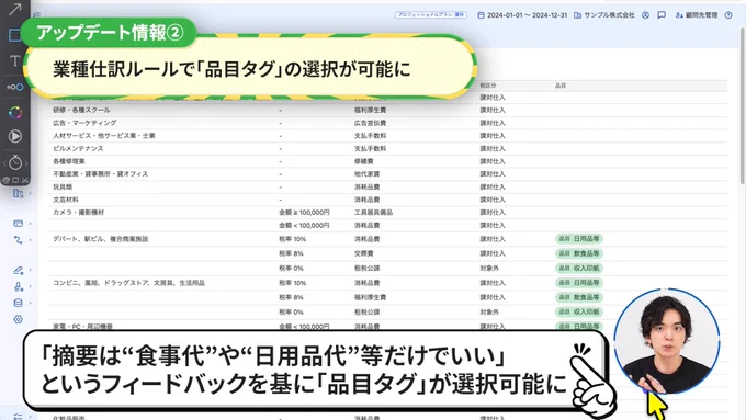 アップデート情報②。業種仕訳ルールの設定画面のリスト。「品目」の列に「日用品等」「飲食代等」といった品目タグが選択されている様子が示されています。画面上下には「業種仕訳ルールで『品目タグ』の選択が可能に」というアップデート内容の説明が記載されています。