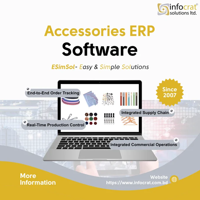 ESimSol Accessories ERP Software dashboard showing production planning, inventory management, and commercial operations for manufacturing.