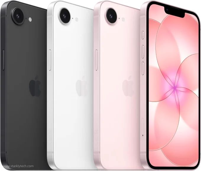 Apple iPhone 17e in Black color, White color, and Soft Pink color, displayed left to right, showing its front and rear view.