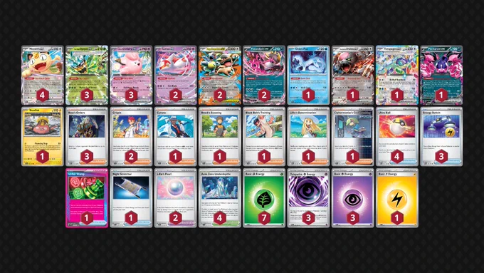 Pokémon: 21
4 Meowth ex POR 62
3 Teal Mask Ogerpon ex TWM 25
3 Lillie's Clefairy ex JTG 56
2 Latias ex SSP 76
2 Mega Kangaskhan ex MEG 104
2 Fezandipiti ex ASC 142
1 Chien-Pao SSP 56
1 Bloodmoon Ursaluna ex TWM 141
1 Terapagos ex SCR 128
1 Pecharunt ex SFA 39
1 Stunfisk ASC 62

Trainer: 25
3 Boss's Orders MEG 114
2 Crispin SCR 133
1 Cyrano SSP 170
1 Brock's Scouting JTG 146
1 Black Belt's Training JTG 143
1 Lillie's Determination MEG 119
1 Ciphermaniac's Codebreaking TEF 145
4 Ultra Ball MEG 131
3 Energy Switch MEG 115
1 Unfair Stamp TWM 165
1 Night Stretcher ASC 196
2 Lillie's Pearl JTG 151
4 Area Zero Underdepths SCR 131

Energy: 14
7 Grass Energy MEE 1
3 Telepathic Psychic Energy POR 88
3 Psychic Energy MEE 5
1 Lightning Energy MEE 4