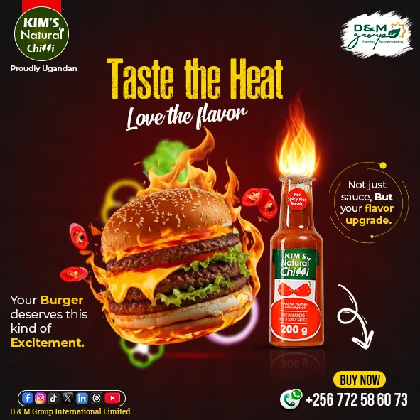 KIM's Natural chilli sauce is made from Red Fresh Habanero chilli peppers.
It is extremely hot and it is suitable for all foods either eaten directly or used as an ingredient in all meals.
product of D & M Group international Limited the producers of KIM's Natural Tomato Ketchup & KIM's Natural Chilli Oil .Proudly Ugandan.