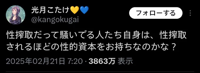 光月こたけ @kangokugai さんのツイート
「性搾取だって騒いでる人たち自身は、性搾取されるほどの性的資本をお持ちなのかな？」