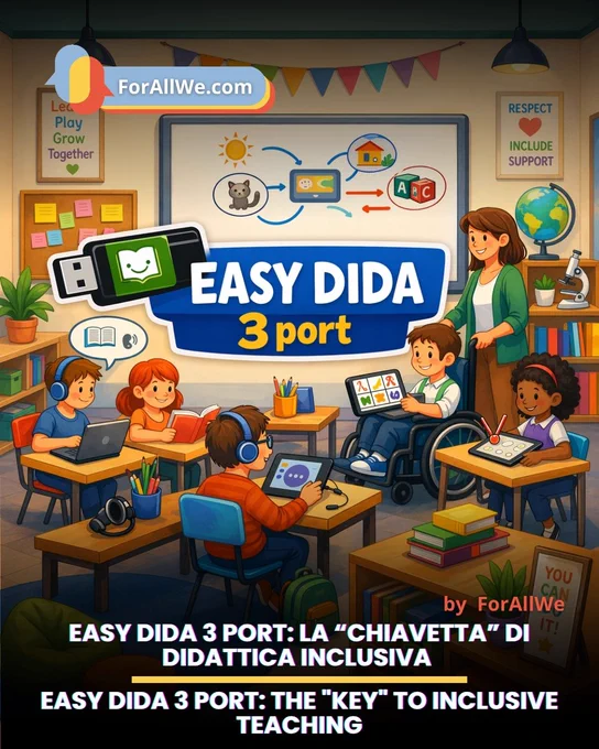 Grafica verticale promozionale di ForAllWe.com dedicata a “EASY DIDA 3 port”. L’illustrazione mostra un’aula inclusiva con un’insegnante e bambini che usano laptop, tablet, cuffie e strumenti di comunicazione aumentativa; un bambino è in sedia a rotelle. Al centro compare il titolo “EASY DIDA 3 port”, mentre in basso si leggono i testi in italiano e inglese: “la chiavetta di didattica inclusiva” e “the key to inclusive teaching”.
Vertical promotional graphic by ForAllWe.com for “EASY DIDA 3 port.” The illustration shows an inclusive classroom with a teacher and children using laptops, tablets, headphones, and assistive communication tools; one child is in a wheelchair. The central title reads “EASY DIDA 3 port,” and the lower text presents the message in Italian and English: “the key to inclusive teaching.”