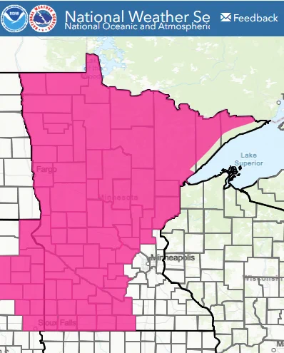 Screenshot from the National Weather Service showing 66 counties highlighted in pink due to the Red Flag Warning issued in those counties.
