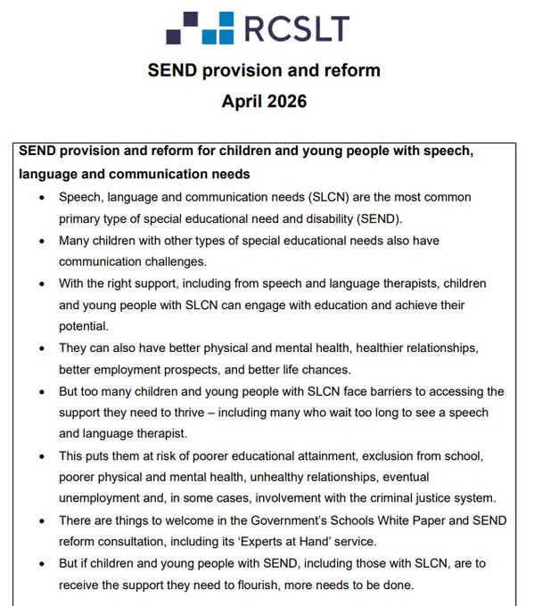 RCSLT briefing on SEND provision and reform dated April 2026.