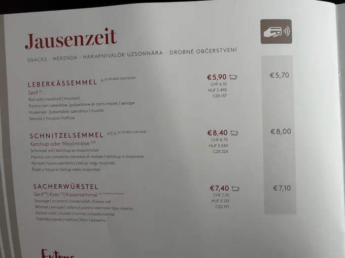 Speisekarte, zB Leberkässemmel mit Barzahlung 5,90 EUR, wenn man mit Karte zahlt, nur 5,70 EUR
