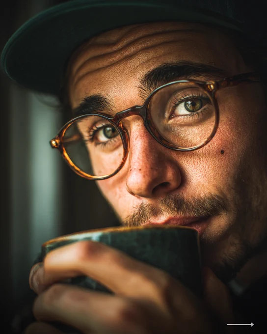 Close-up portrait of a man wearing glasses and a hat, holding a coffee cup, with detailed facial texture and soft cinematic lighting.
