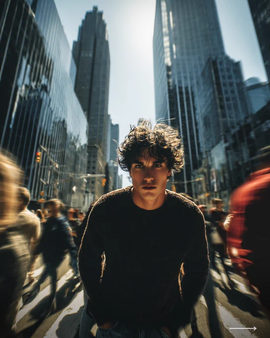 Young man standing still in a busy city street with motion blur around him, surrounded by tall buildings and urban movement.