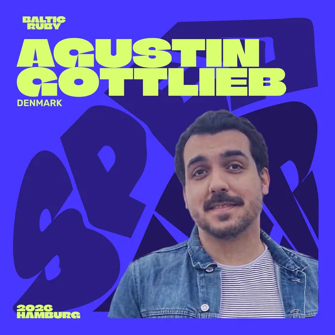 Speaker Agustin Gottlieb on a Baltic Ruby poster background, blue design, man in a denim jacket.