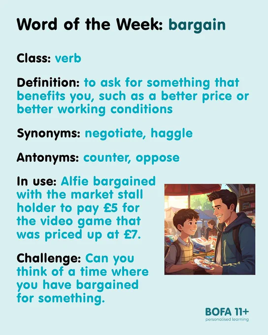 An image of a boy buying a video game.
Word of the Week: bargain.
Class: verb.
Definition: to ask for something that benefits you, such as a better price or better working conditions.
Synonyms: negotiate, haggle.
Antonyms: counter, oppose.
In use: Alfie bargained with the market stall holder to pay £5 for the video game priced up at £7.
Challenge: Can you think of a time where you have bargained for something.
