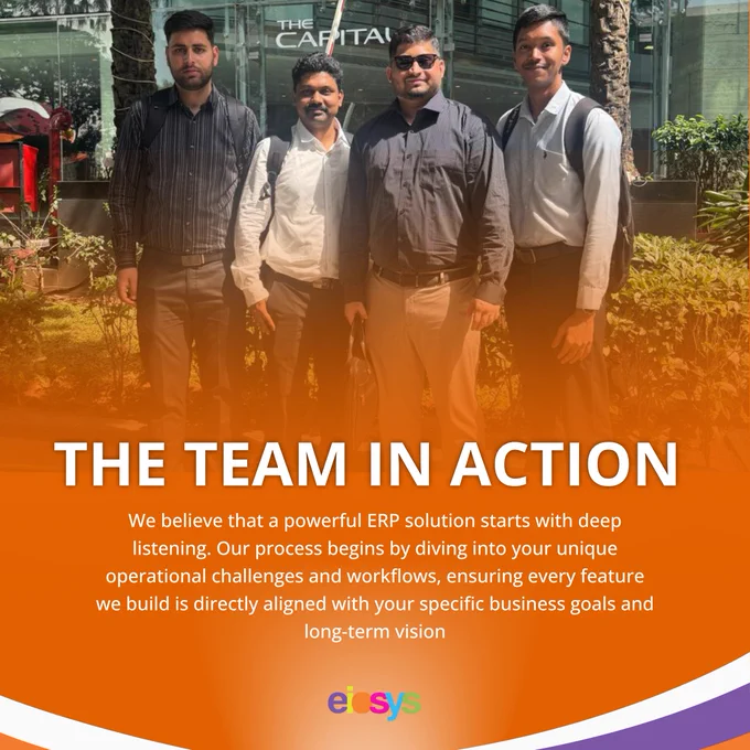A professional photo of the Eiosys team outside an office, titled "The Team in Action," highlighting their commitment to understanding client workflows.