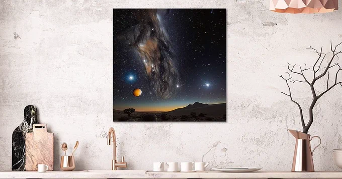 This photorealistic digital artwork depicts an otherworldly desert under a star-studded sky, where a glowing orange planet dominates the horizon. Floating in front of it is a massive, dark grey nebula—mysterious and ethereal—adding depth and intrigue to the scene. The contrast between the vibrant planet and the smoky nebula creates a cinematic, space-inspired atmosphere. Perfect for sci-fi fans and lovers of cosmic art, this high-resolution piece evokes the feeling of standing on a distant world.