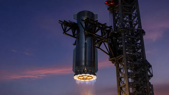 Minimalist professional photograph of a SpaceX Super Heavy booster caught mid-landing by the tower chopsticks, glowing engines against a dark sky, symbolizing the precision and power of reusability.