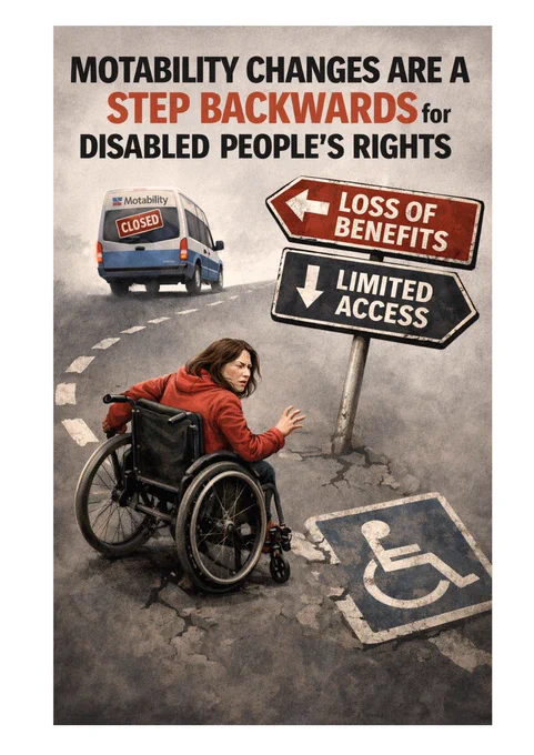 A powerful illustration showing a wheelchair user on a cracked, uneven road, reaching out as a Motability van drives away with a “closed” sign on the back. Road signs point to “loss of benefits” and “limited access.” The ground is broken with a faded disabled parking symbol, and the headline reads: “Motability changes are a step backwards for disabled people’s rights.”