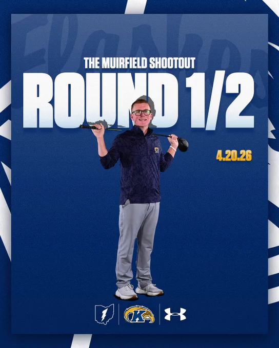 Kent State men's golf graphic promoting Round 1 and Round 2 of The Muirfield Shootout on April 20, 2026. Golfer Liam Curtis is pictured standing against a navy blue background, wearing a navy Kent State quarter-zip pullover, gray pants and white golf shoes, holding a driver balanced across his shoulders behind his neck. White text at top reads "The Muirfield Shootout Round 1/2." Gold text at right reads "4.20.26." Ohio lightning bolt, Kent State Golden Flashes and Under Armour logos appear at the bottom.