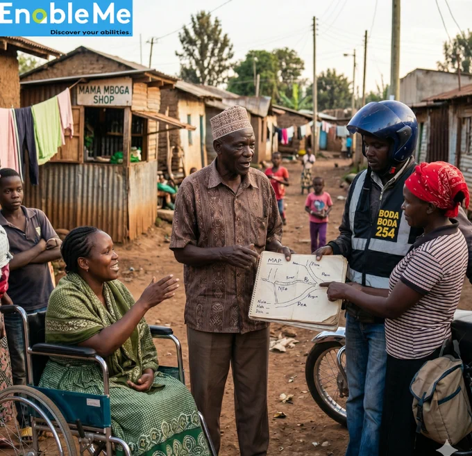 A group of community members in a rural setting discuss directions using a hand-drawn map. An older man holds the map while a boda boda rider and a woman point at it. Nearby, a smiling woman using a wheelchair engages in the conversation. Small houses and a shop labeled “Mama Mboga Shop” appear in the background, with children watching. The image includes the “EnableMe – Discover your abilities” logo.