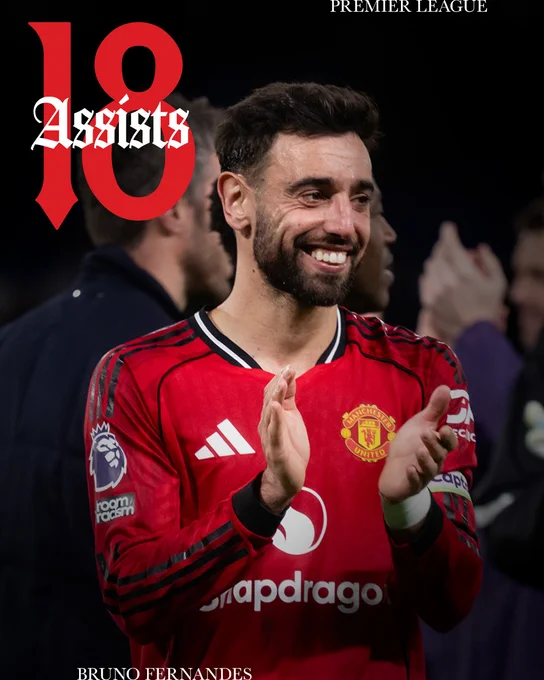 Bruno Fernandes smiles and applauds our fans at Stamford Bridge, alongside text that reads: '18 assists, Premier League.'