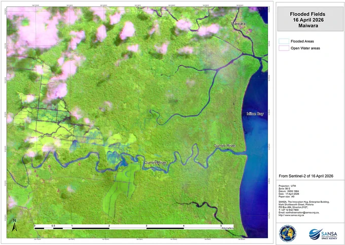Flood map of Maiwara in Papua New Guinea after Cyclone Maila. The map uses Sentinel-2 imagery to estimate the flooded areas on 16 April.